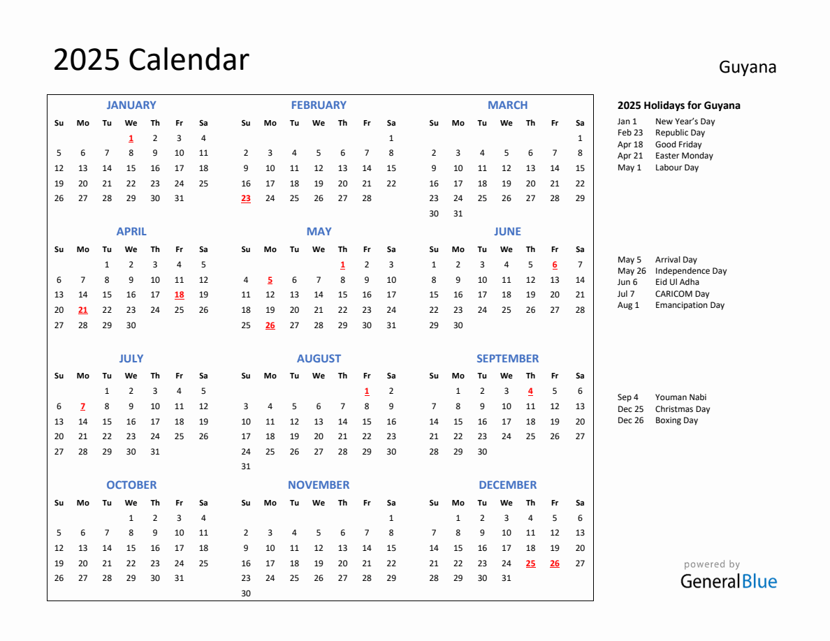 2025 Calendar with Holidays for Guyana