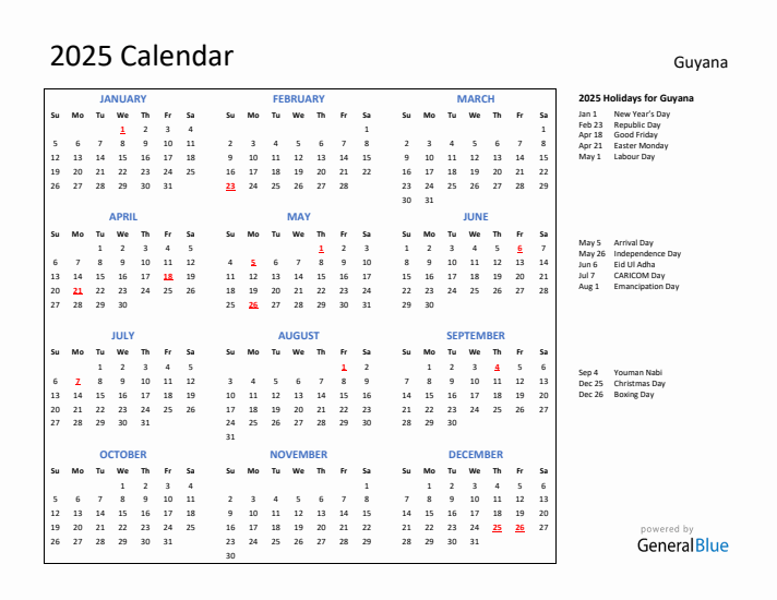 2025 Calendar with Holidays for Guyana