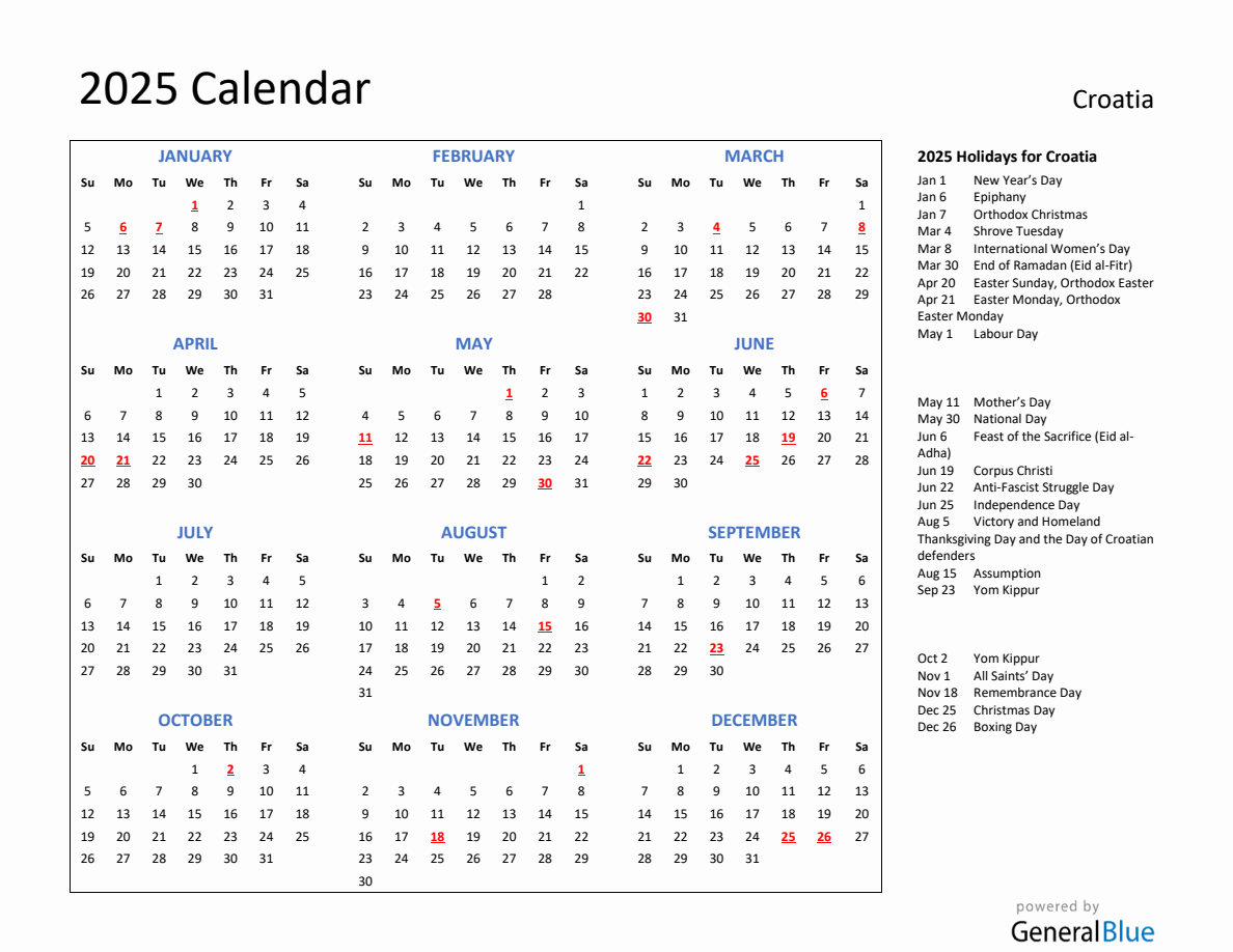 2025 Calendar with Holidays for Croatia