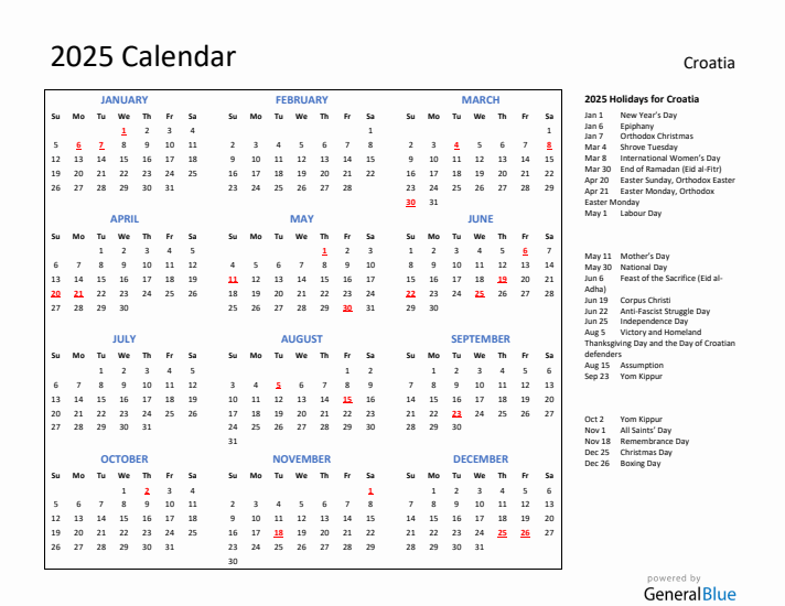 2025 Calendar with Holidays for Croatia