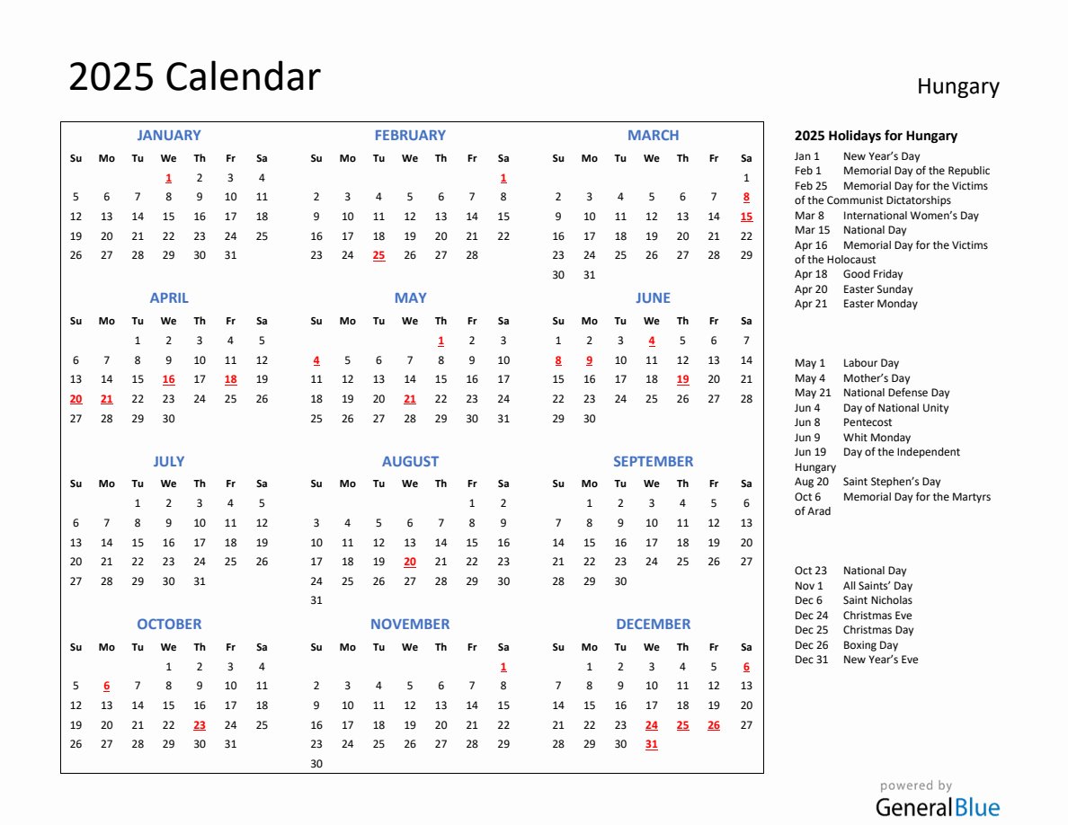 2025 Calendar with Holidays for Hungary