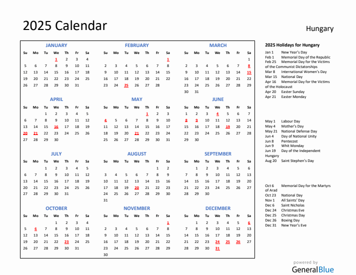 2025 Calendar with Holidays for Hungary