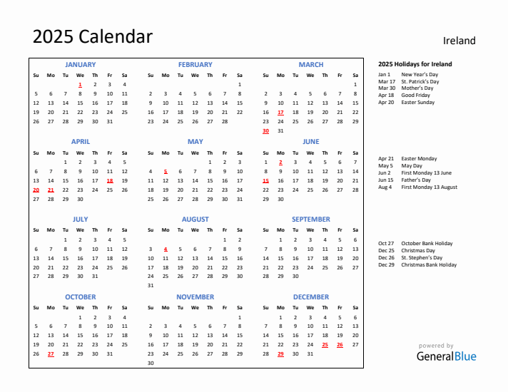 2025 Calendar with Holidays for Ireland