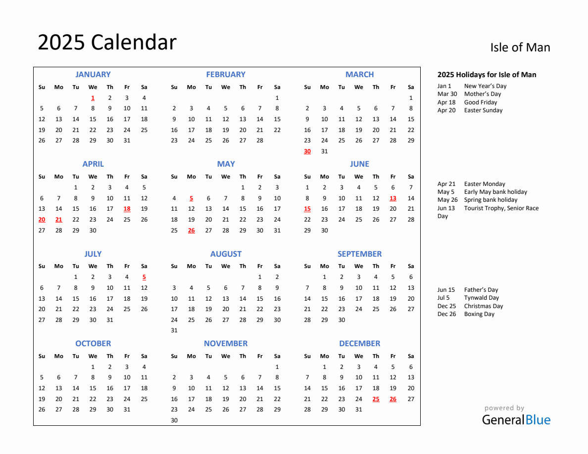 2025 Calendar with Holidays for Isle of Man