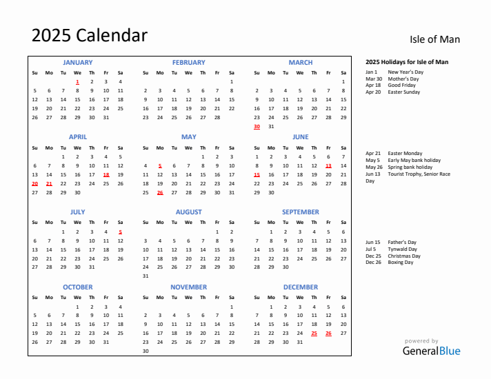2025 Calendar with Holidays for Isle of Man