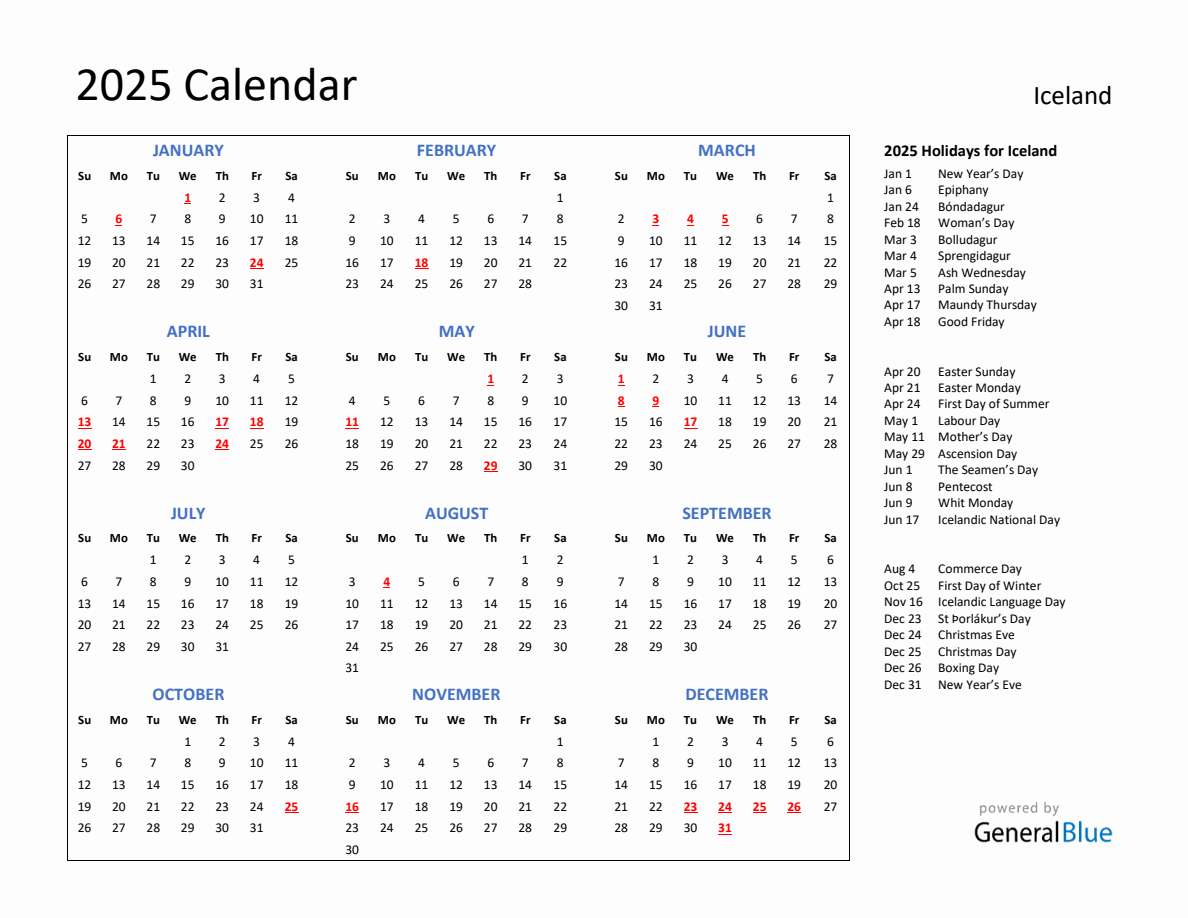 2025 Calendar with Holidays for Iceland