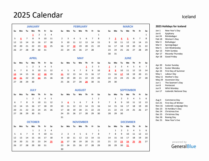 2025 Calendar with Holidays for Iceland