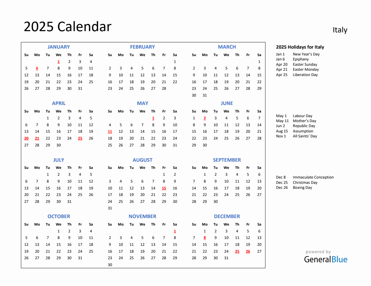 2025 Calendar with Holidays for Italy