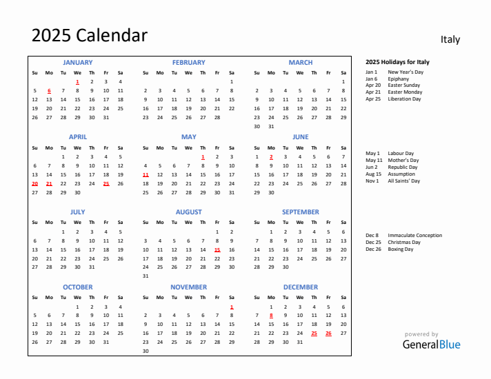 2025 Calendar with Holidays for Italy