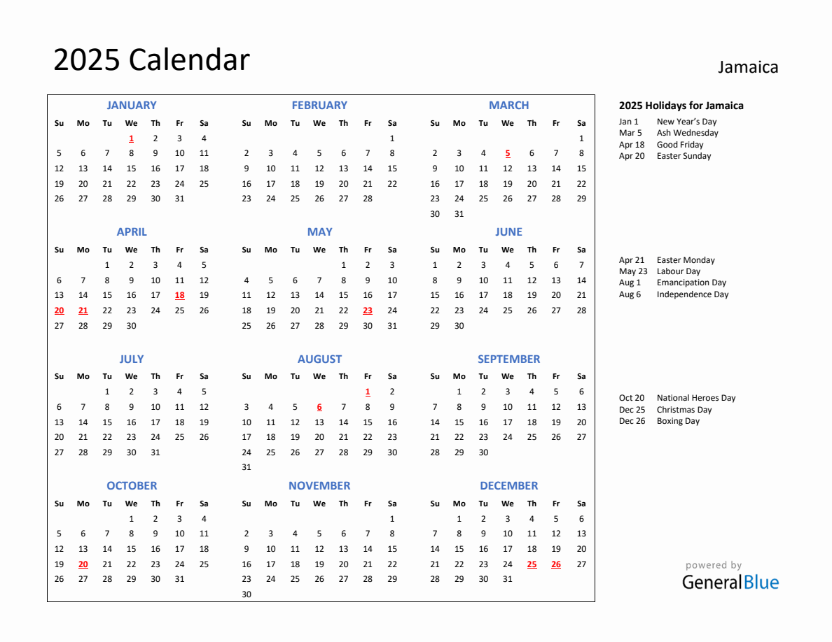 2025 Calendar with Holidays for Jamaica