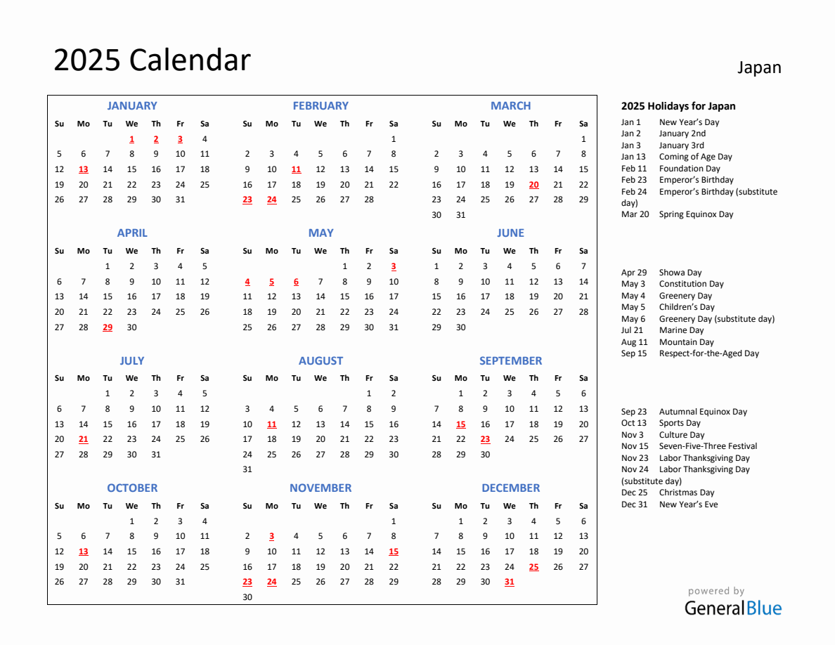 2025 Calendar with Holidays for Japan