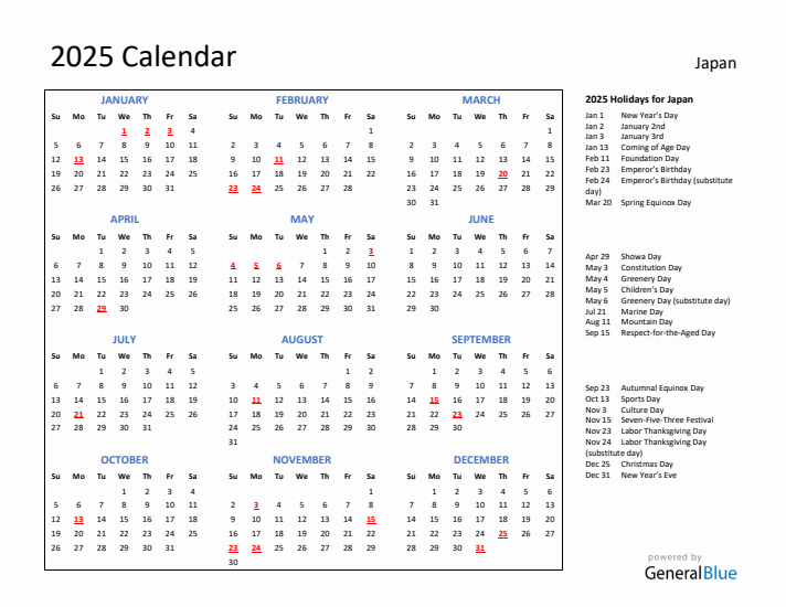 2025 Calendar with Holidays for Japan
