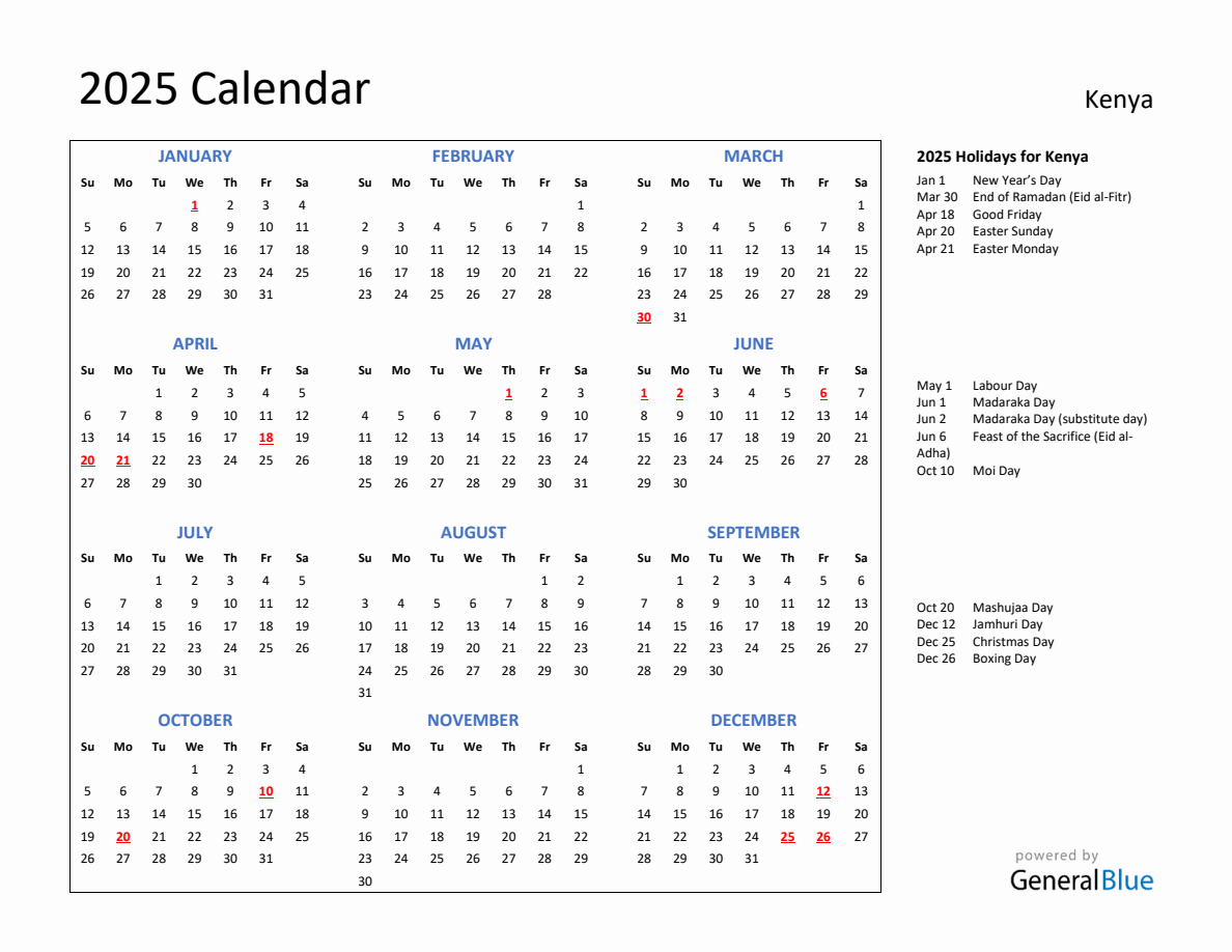 2025 Calendar with Holidays for Kenya