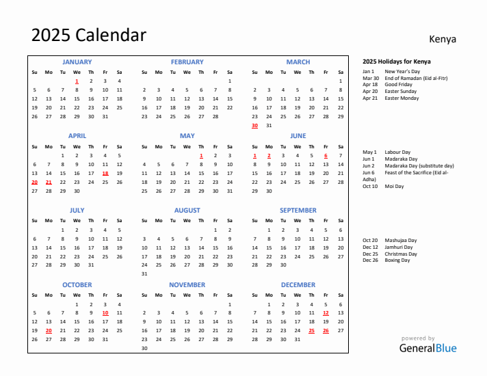 2025 Calendar with Holidays for Kenya