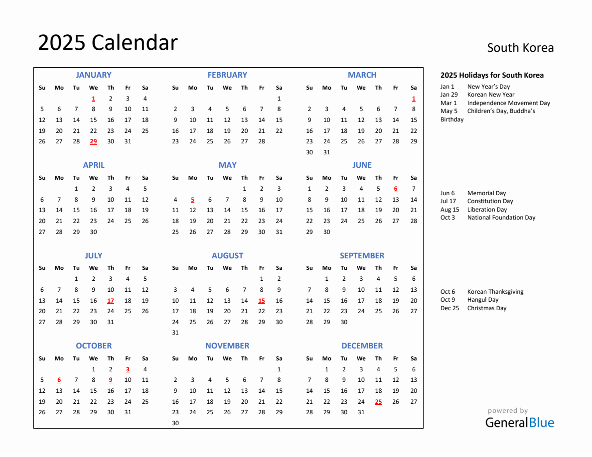 2025 Calendar with Holidays for South Korea