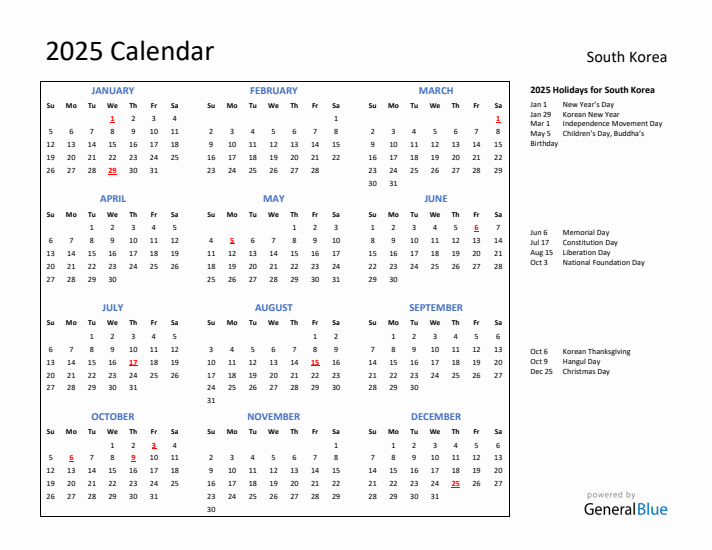 2025 Calendar with Holidays for South Korea