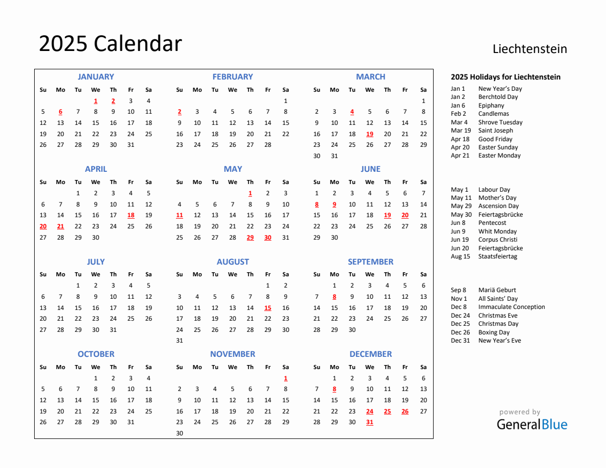 2025 Calendar With Holidays For Liechtenstein