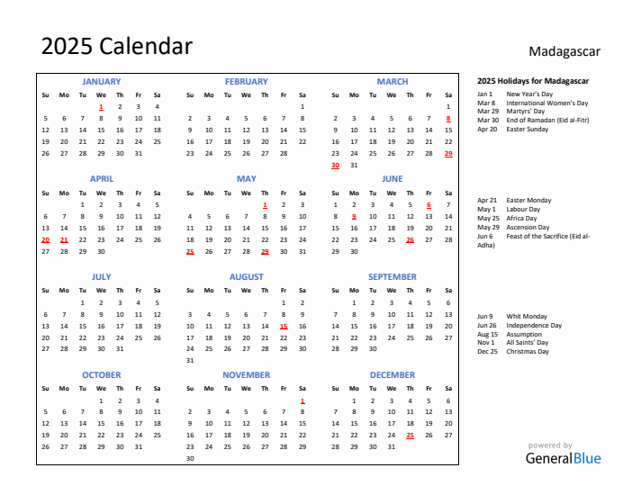 2025 Calendar with Holidays for Madagascar
