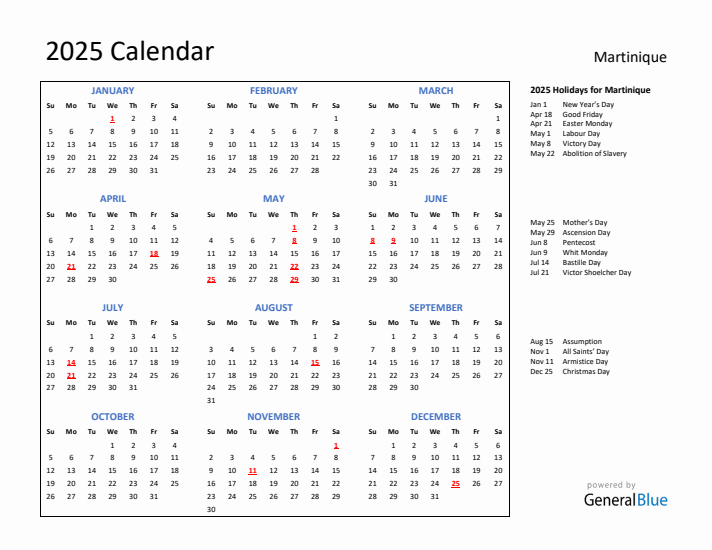 2025 Calendar with Holidays for Martinique