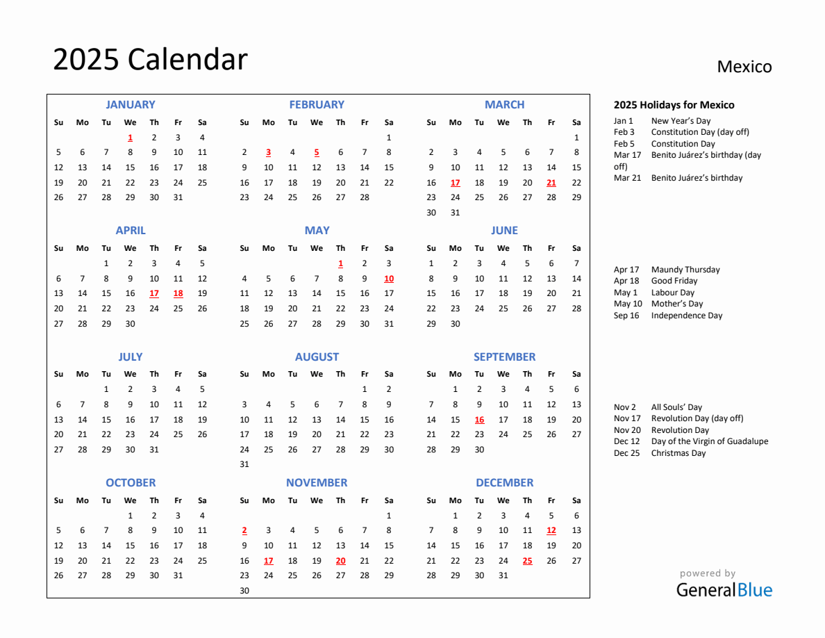 2025 Calendar with Holidays for Mexico