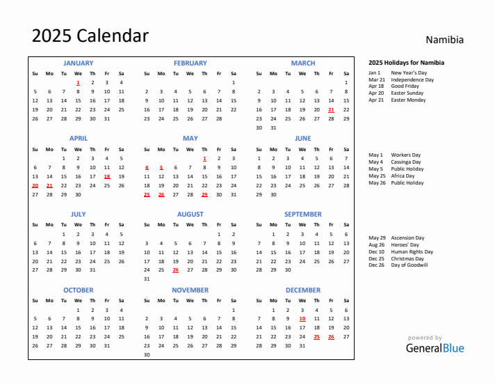 2025 Calendar with Holidays for Namibia