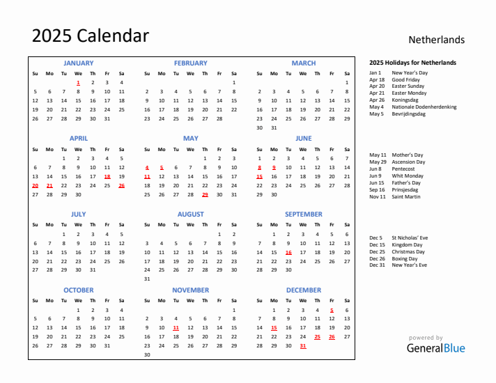 2025 Calendar with Holidays for The Netherlands