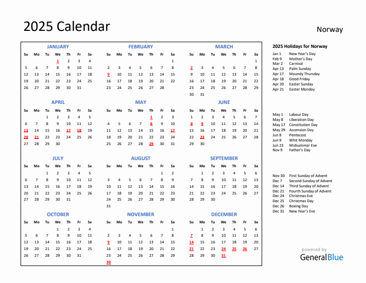 2025 Calendar with Holidays for Norway