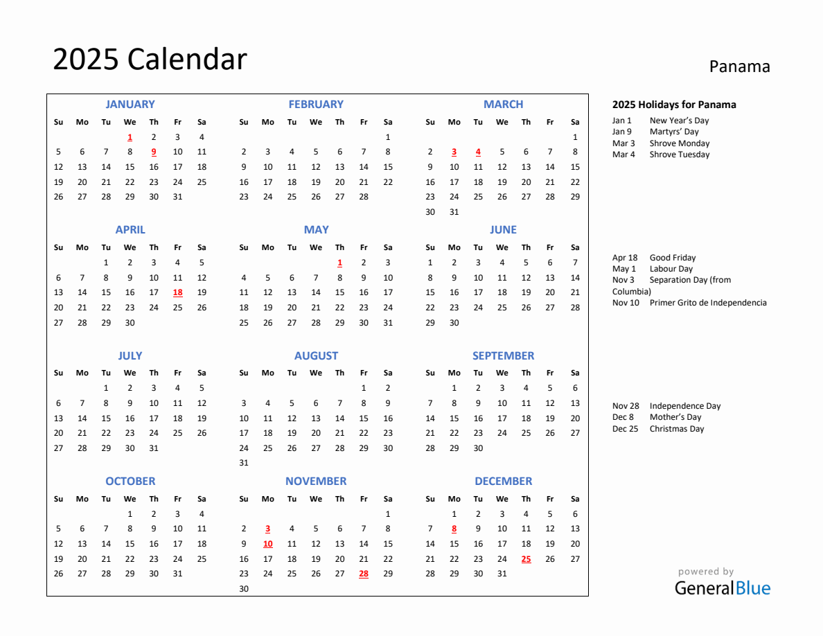 2025 Calendar with Holidays for Panama