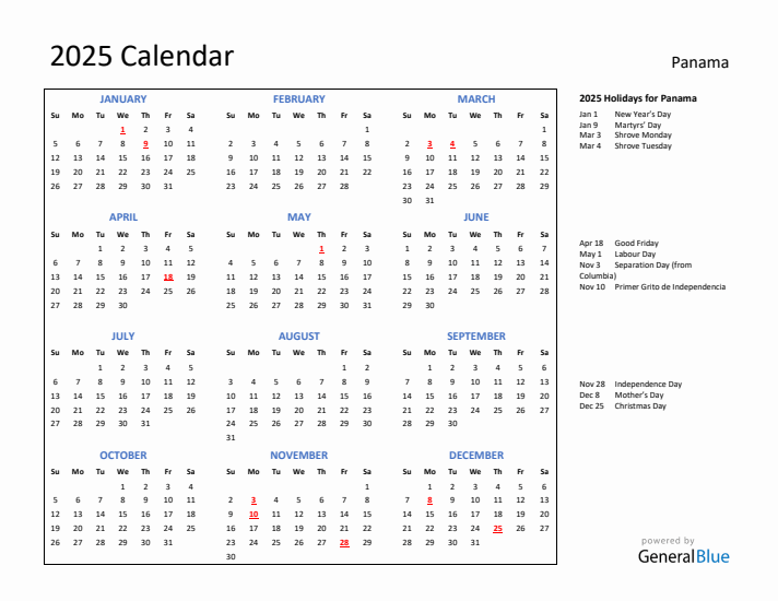 2025 Calendar with Holidays for Panama