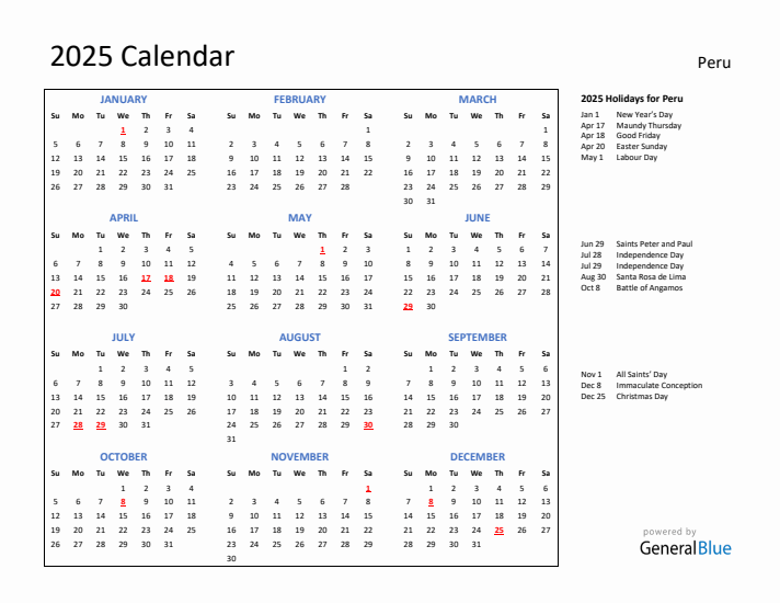 2025 Calendar with Holidays for Peru
