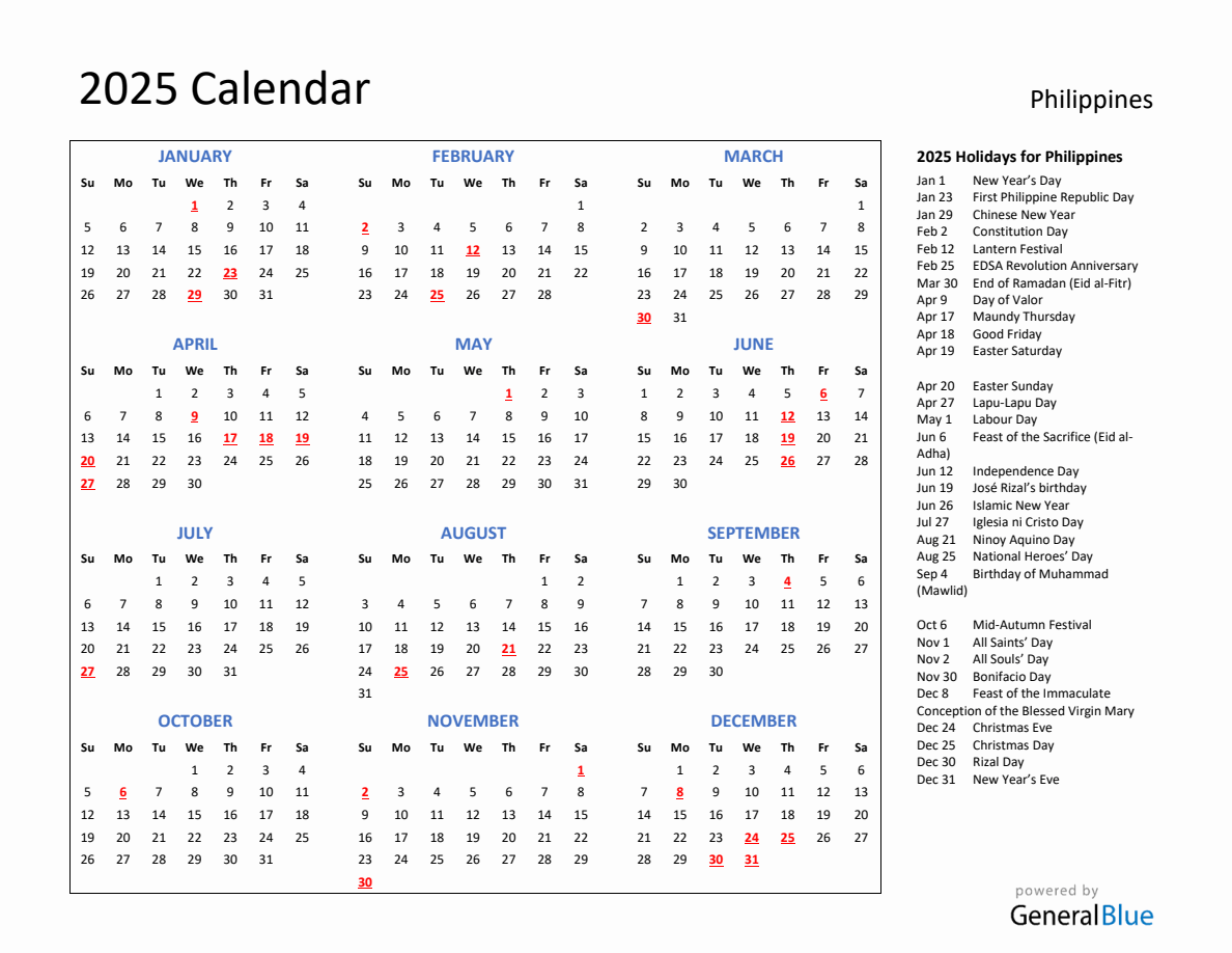 2025 Calendar with Holidays for Philippines