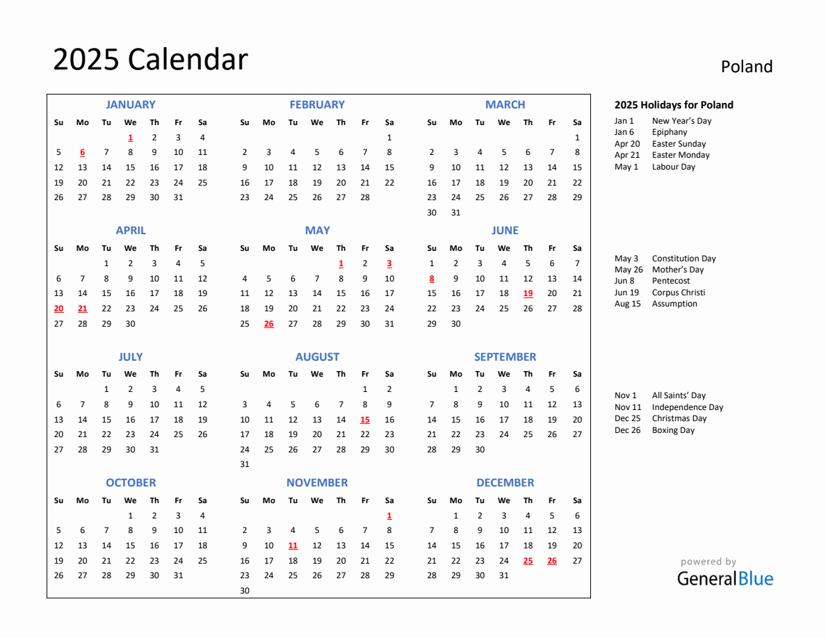 2025 Calendar with Holidays for Poland