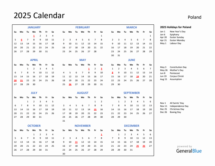 2025 Calendar with Holidays for Poland