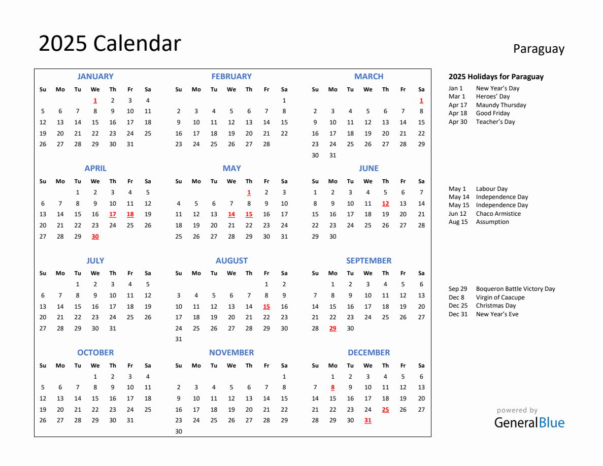 2025 Calendar with Holidays for Paraguay