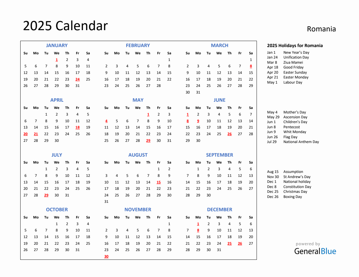 2025 Calendar with Holidays for Romania