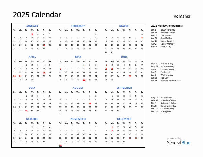 2025 Calendar with Holidays for Romania