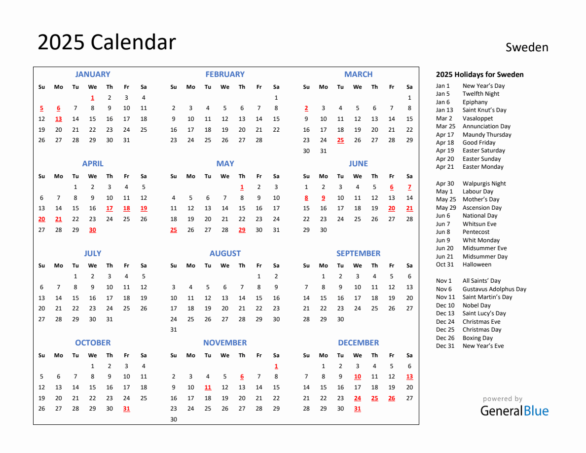 Holiday Calendar 2025 Sweden 