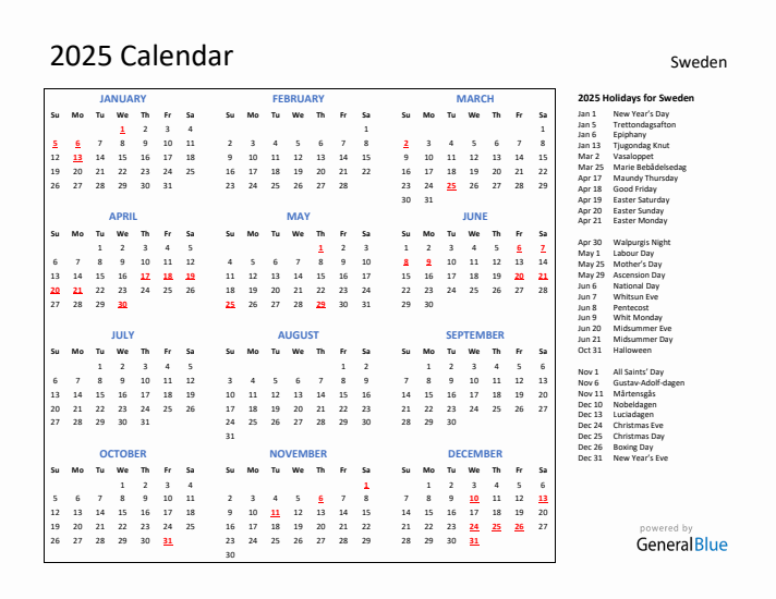 2025 Calendar with Holidays for Sweden