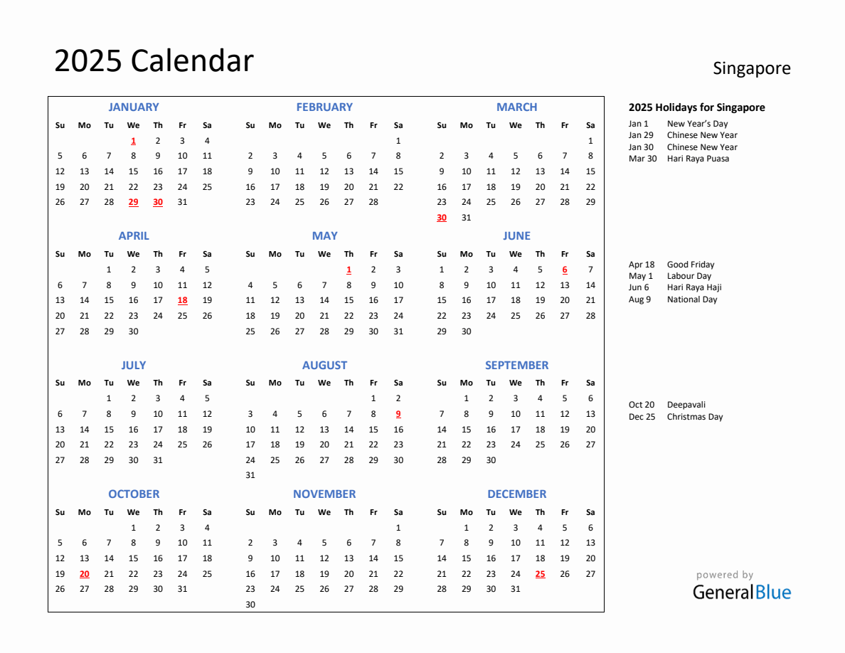 2025 Calendar with Holidays for Singapore