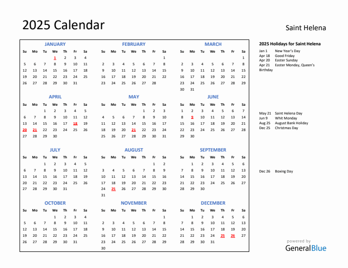 2025 Calendar with Holidays for Saint Helena