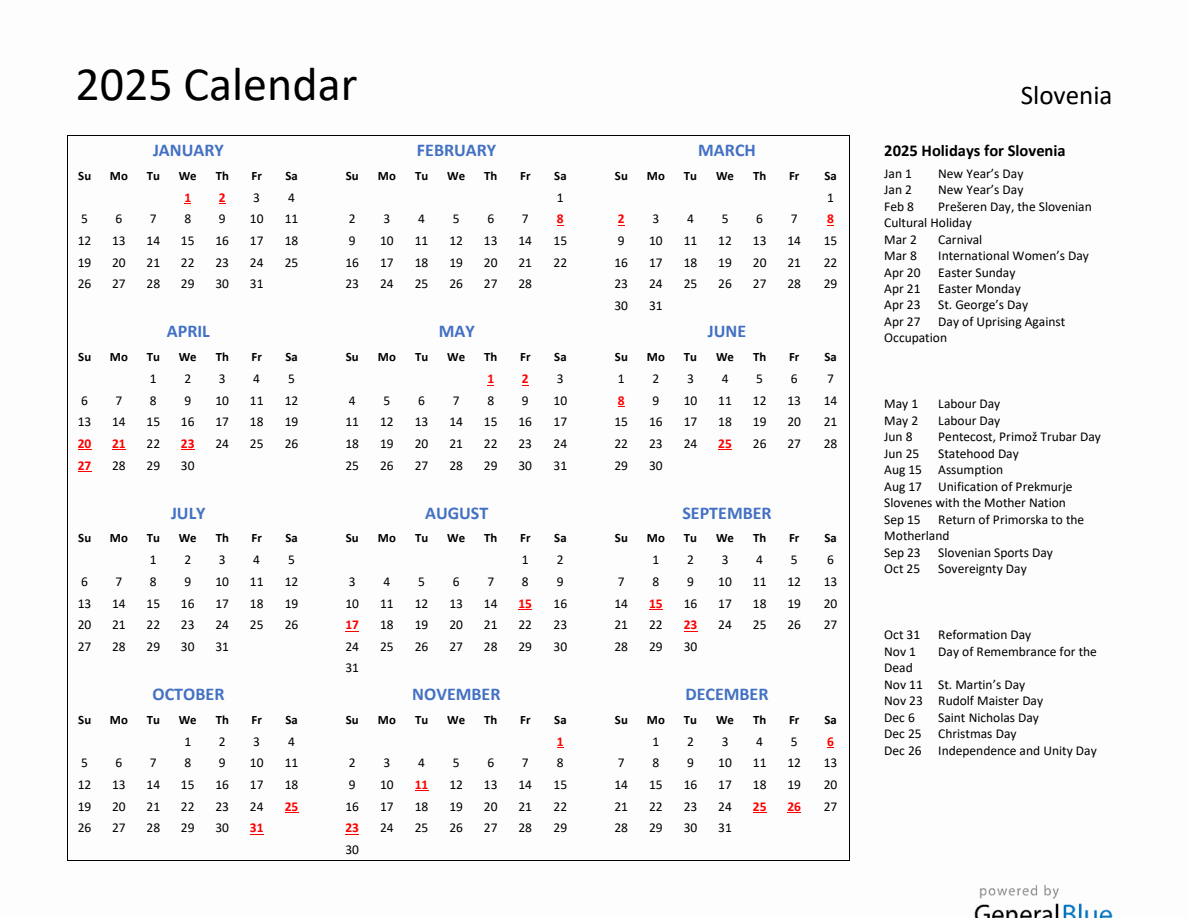 2025 Calendar with Holidays for Slovenia