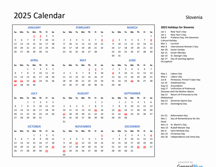 2025 Calendar with Holidays for Slovenia