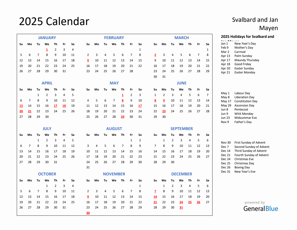 2025 Calendar with Holidays for Svalbard and Jan Mayen