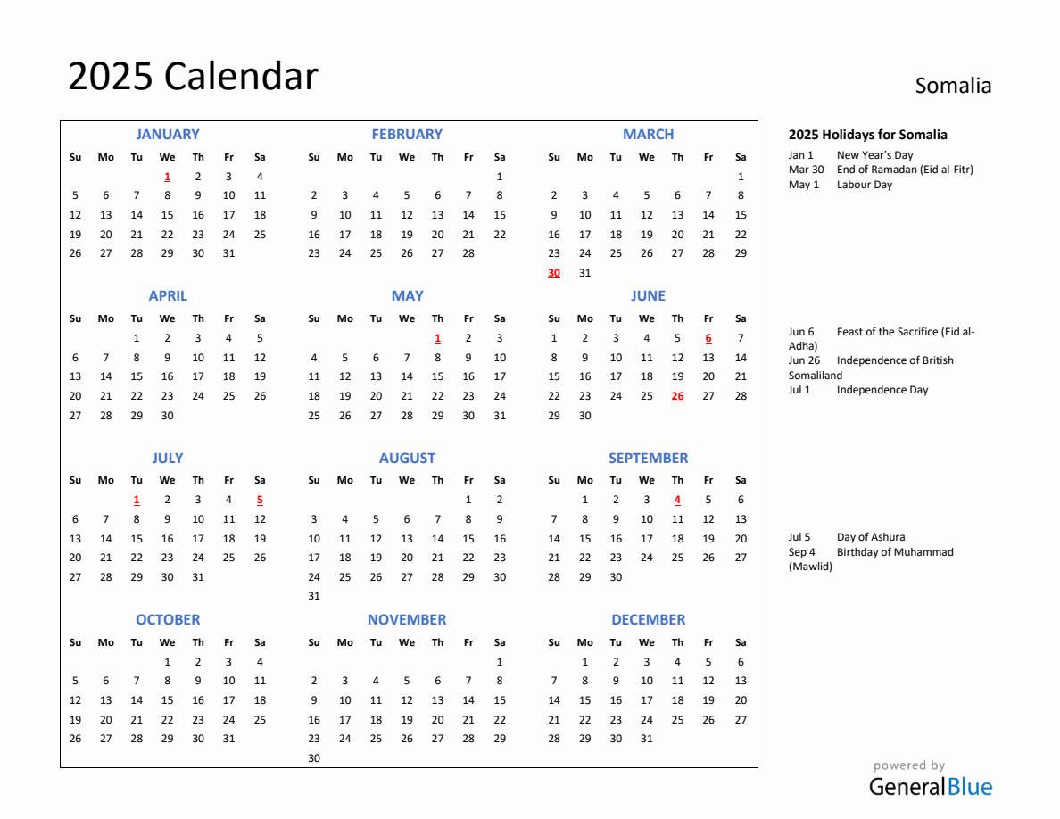 2025 Calendar with Holidays for Somalia