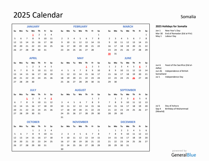 2025 Calendar with Holidays for Somalia