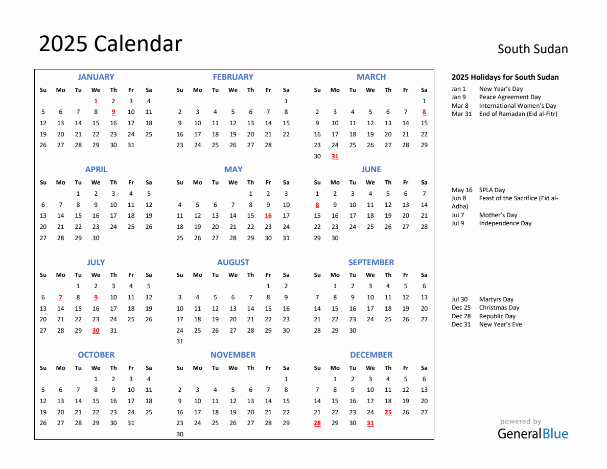 2025 Calendar with Holidays for South Sudan