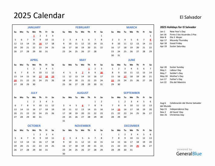 2025 Calendar with Holidays for El Salvador
