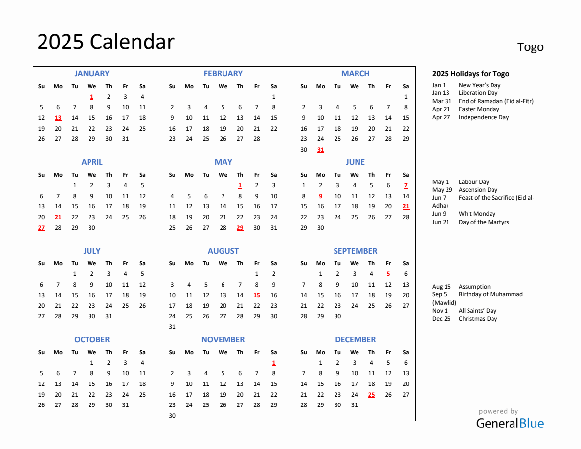 2025 Calendar with Holidays for Togo