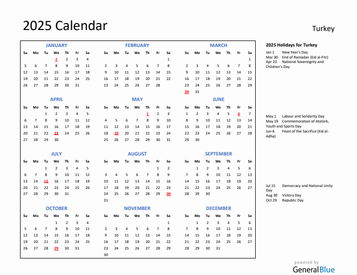 2025 Calendar with Holidays for Turkey