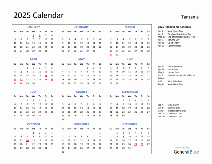 2025 Calendar with Holidays for Tanzania